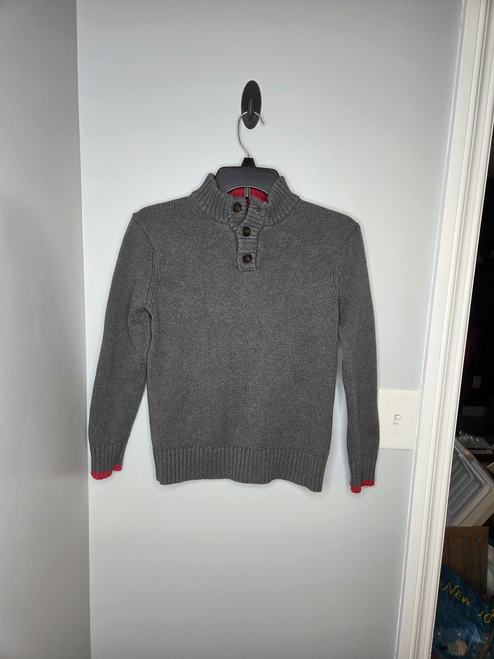 Lands' End Gray Knit Sweater with Red Accent 100% Cotton